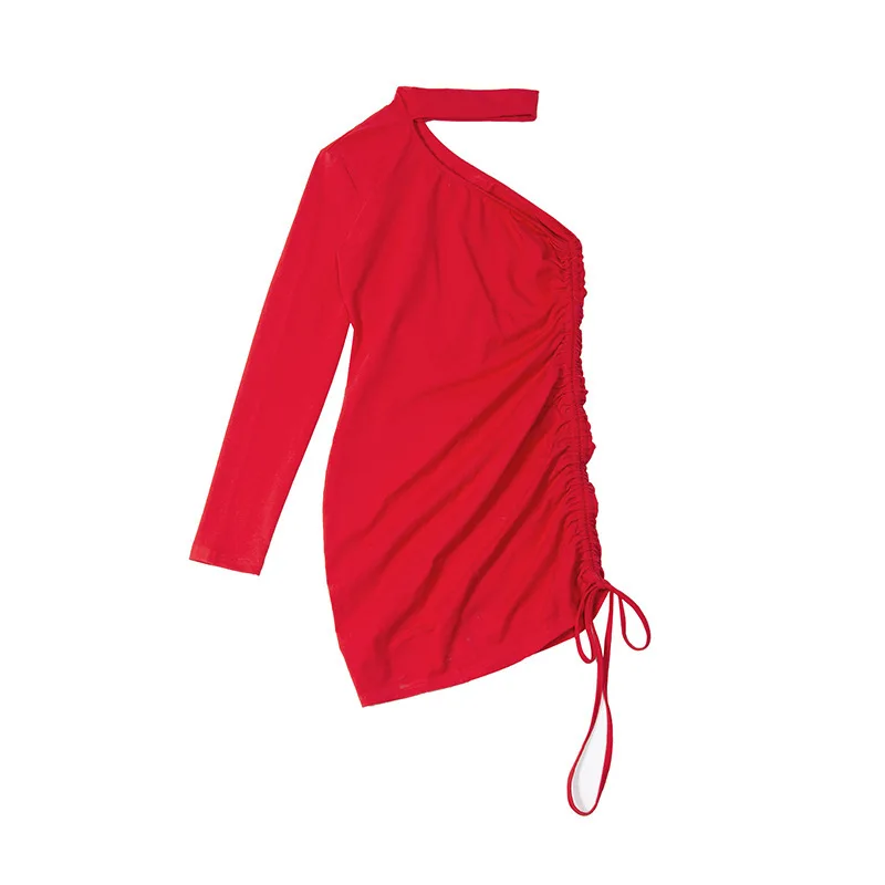

Off Shoulder Red Dress Woman 2021 Hollow Out Slim Party Club Sexy Dresses Fashion Female Summer Drawstring Bodycon Mini Dress