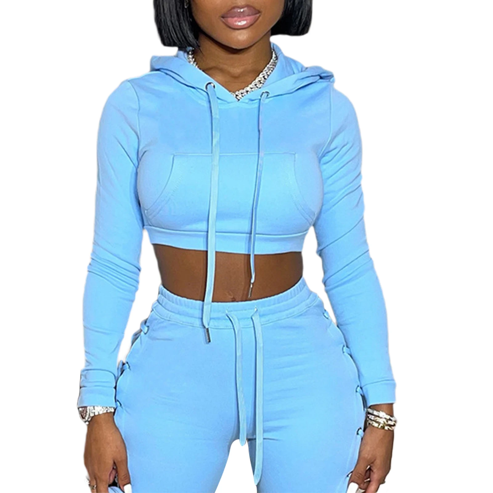 

Women Solid Color Hoodie, Long Sleeve Hooded Crop Tops with Tie-up Design, Pink/ White/ Blue
