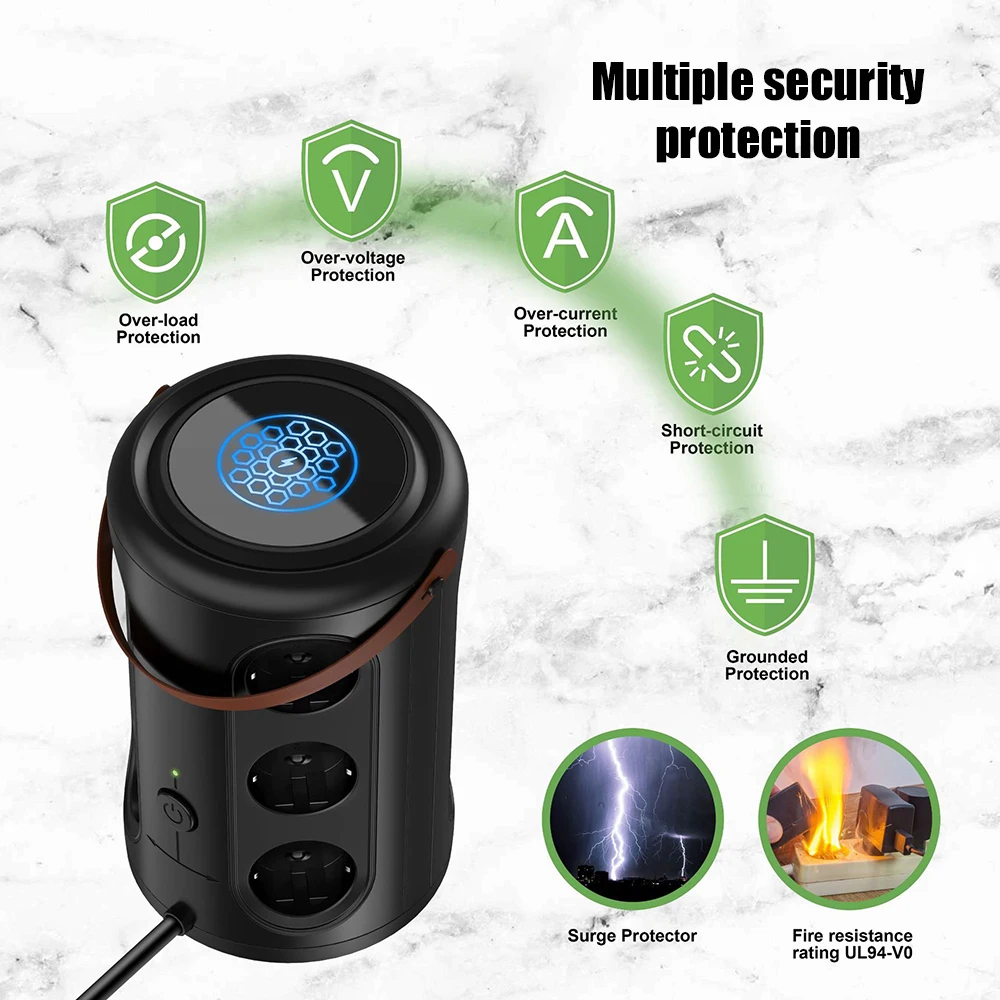 Tower Multi Power Strip Vertical EU Plug 12 Outlets Sockets with 4USB+1 TYPE-C Overload Protector Switch Multiple Vertical Power