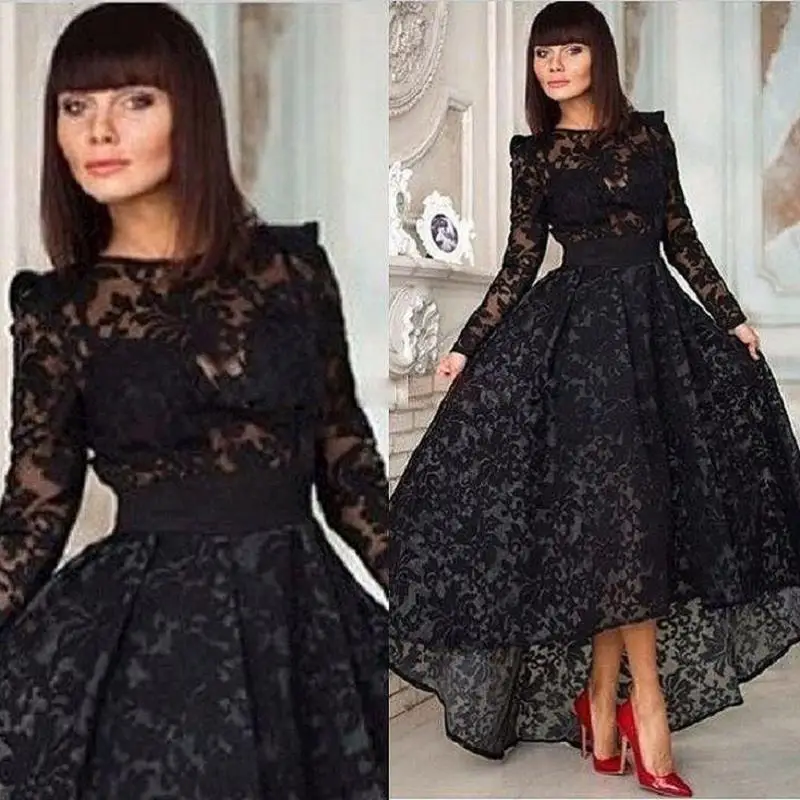 

Sexy Black Lace Evening Dresses 2019 vestidos de fiesta de noche Long Sleeve High Low Prom Dress Formal Women Party Gowns