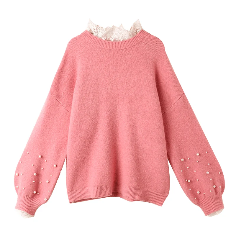 

Lace False 2 Pieces Knitted Women Sweater And Pullovers Beaded Solid Lantern Sleeved Loose Casual All Match Female Pulls Outwear