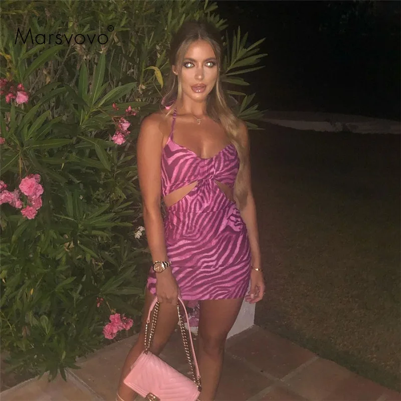 

Hollow Out Sheath Women Dress Sexy Halter Leopard Vestidos Elegant Backless Bandage Bodycon Mini Dress Club Wear 2021 new design