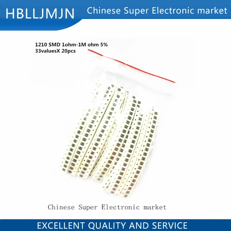 1210 SMD Resistor Kit Assorted 1ohm-1M ohm 5% 33valuesX 20pcs=660pcs DIY | Электронные компоненты и