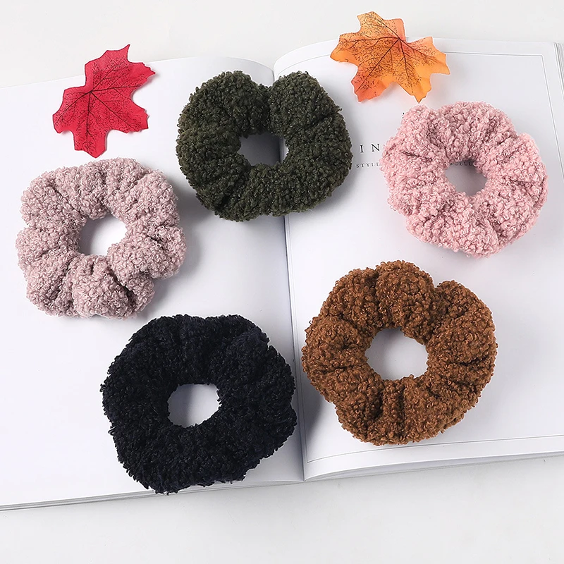 

2020 New Women Cute Teddy Velvet Scrunchies Elastic Hair Band Faux Fur Hair Rope Girl's Hair Tie Accessories Ponytail Holder