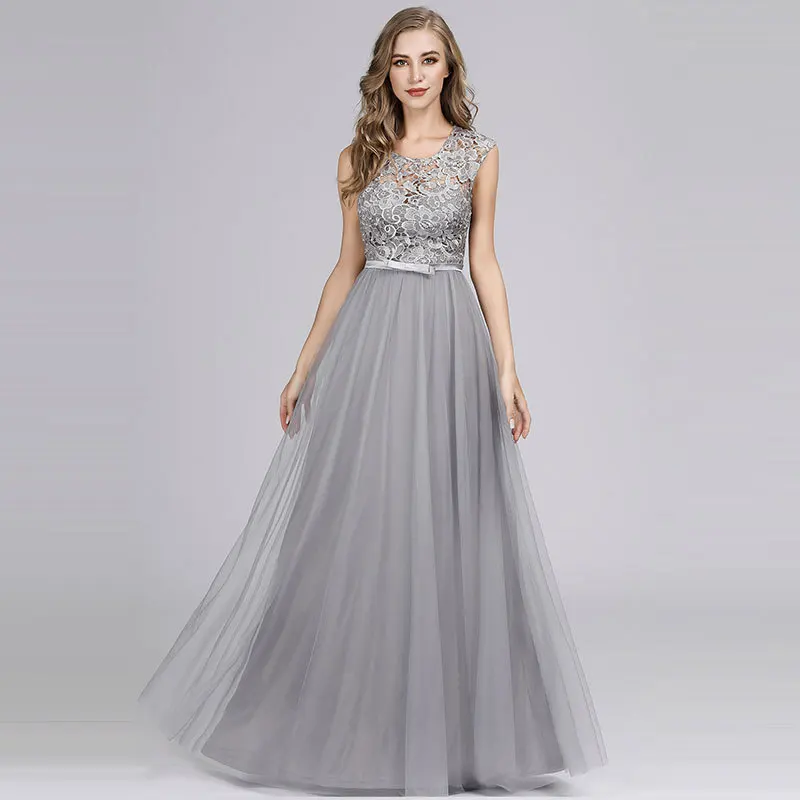 Elegant A-line Lace Evening Dress Scoop Floor-length Capped Sleeves Tulle with Sashes Zipper-up for Party | Свадьбы и торжества