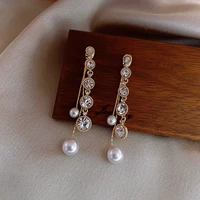 925 silver needle korean temperament net red fashion a two wearing freshwater pearl full diamond long tassel earrings for women