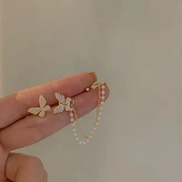 mengjiqiao korean elegant cute rhinestone butterfly stud earrings for women girls fashion metal chain boucle doreille jewelry