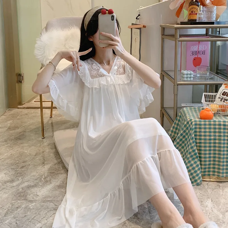2021 summer Japanese and Korean fashion lace mid-length dress palace short-sleeved princess nightdress sexy nightwear dress