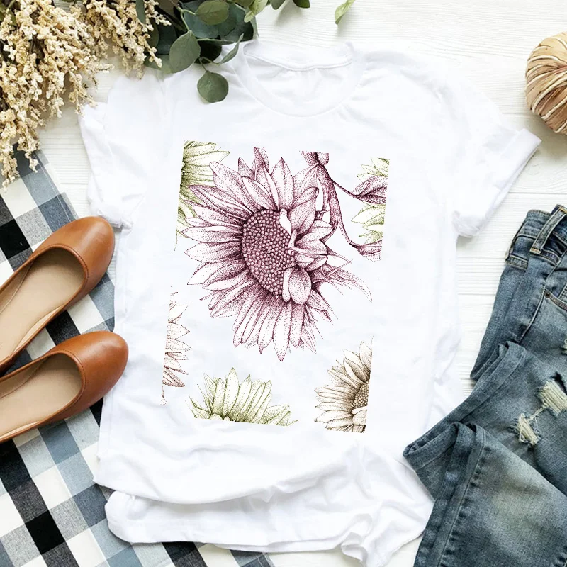 

Women Lady T Shirt Sunflower Floral Printed Tshirt Ladies Short Sleeve Loose Tee Shirt Women Female Tops Clothes Graphic T-shirt