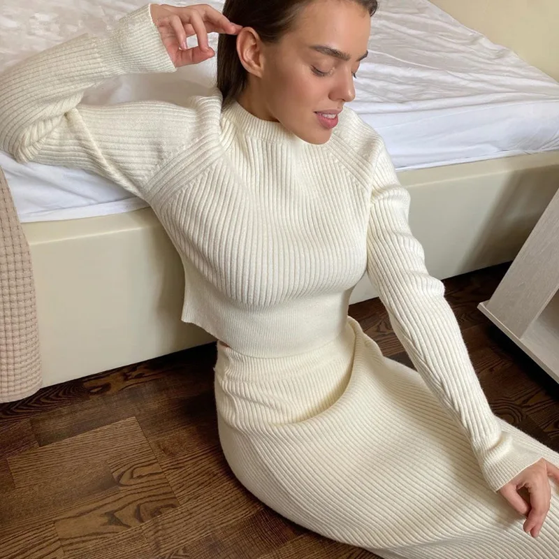 

Autumn Knitted Sweater and Skirt Two Piece Set Autumn Slim Fit Crop Tops Women Sweater Skirts 2 Piece Sets Womens Clothing