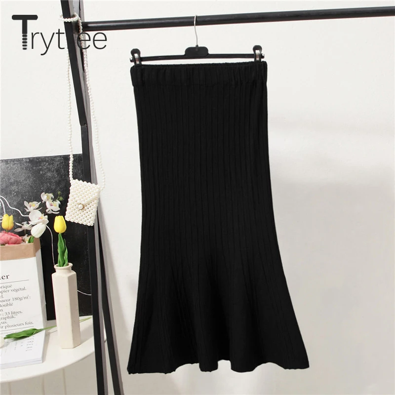 Trytree 2019 осень зима женская повседневная юбка эластичная талия трикотажная