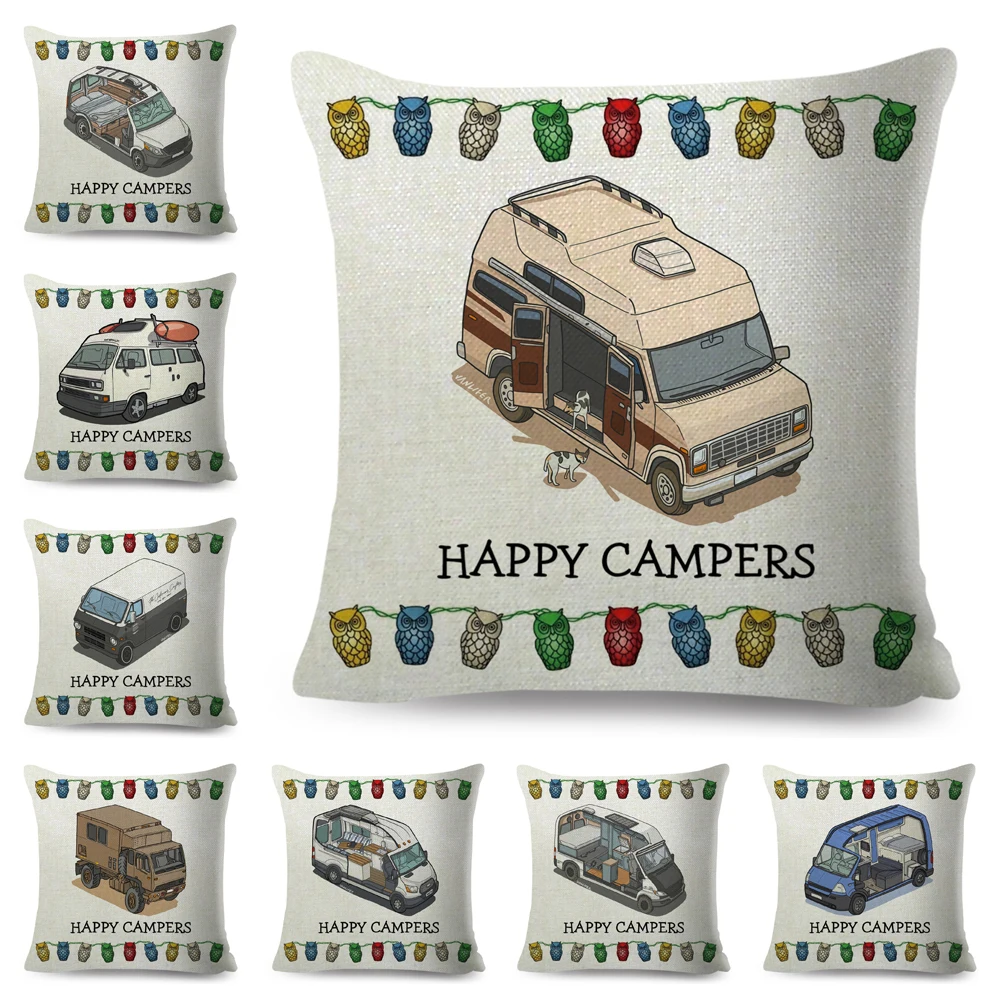 

Van Life Cartoon House Travel Car Pillow Case Decor Happy Camper Cushion Cover for Sofa Home Children Room 45x45cm Pillowcase