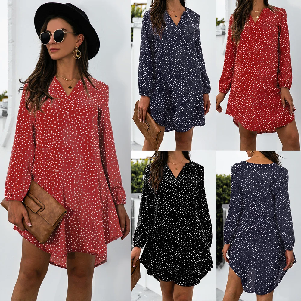 

2021 Wave Dot Long Bubble Sleeve Long Sleeve Blouse Dress