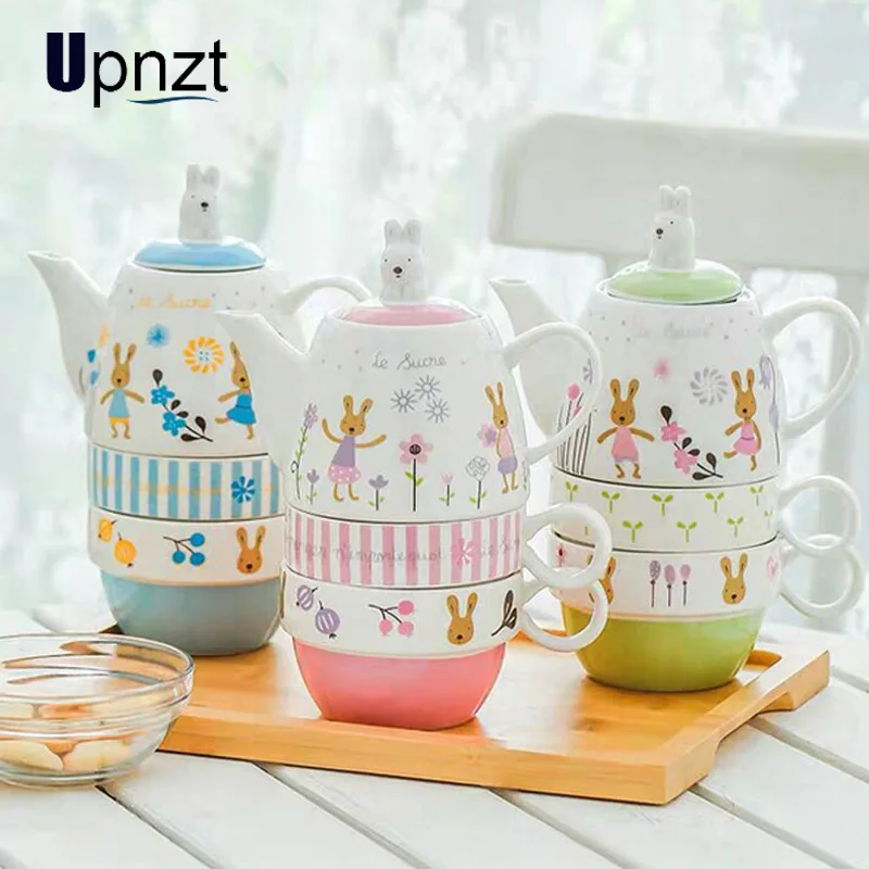 Мультяшный чайный набор один чайник и две чашки керамический для