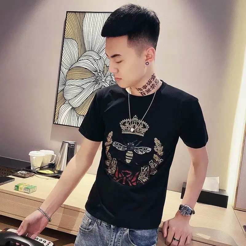 

2021 summer new short-sleeved slim printed T-shirt fashion casual Korean round neck all-match men's shirt