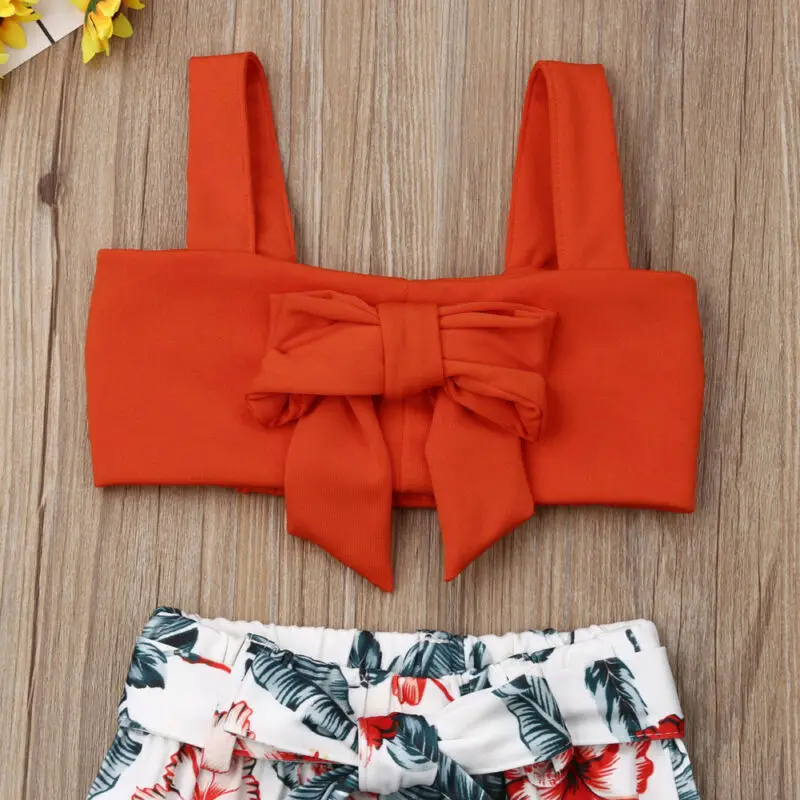 

Toddler Baby Girl Clothes Sleeveless Knot-bow Vest Tops+Flower Pants Outfits Set
