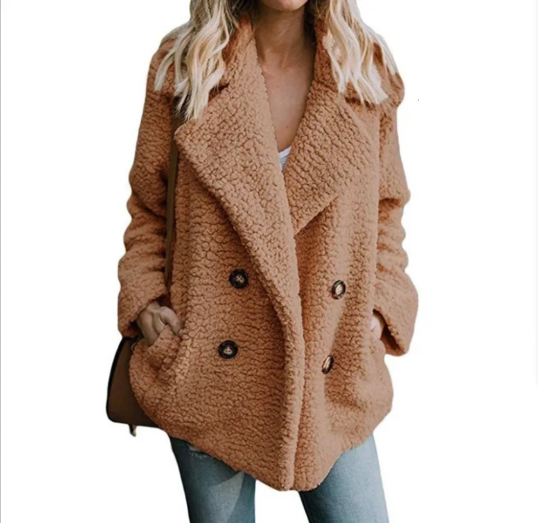 12LighttanNew Однотонное пальто для женщин; сезон осень-весна; свободная теплая куртка с широкими лацканами; Верхняя одежда; Женский Повседневный джемпер; женское Свободное пальто из искусственного меха - Цвет: 12LighttanNew