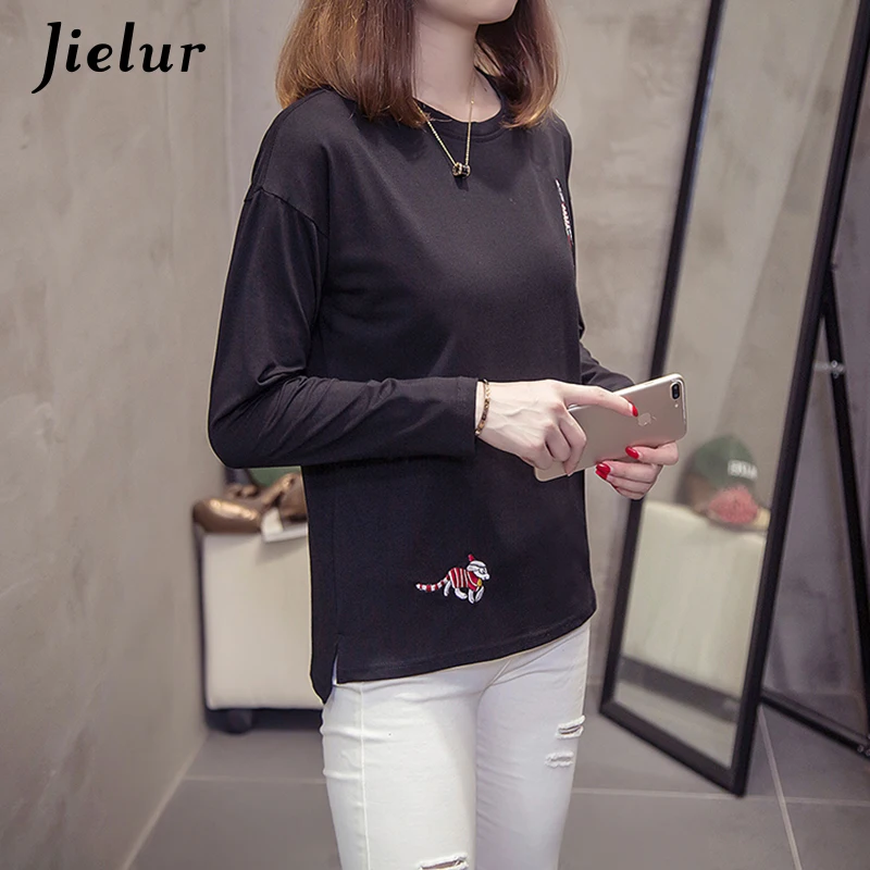 Jielur осень мультфильм вышивка футболка с длинным рукавом для женщин Белый Черный