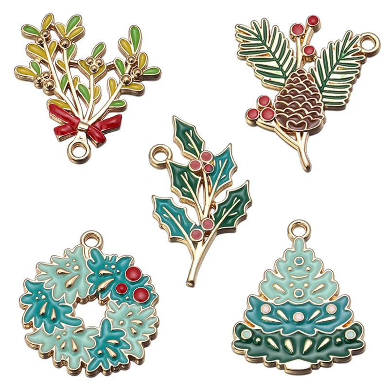 6pcs Alloy Enamel Christmas Tree Red Pine Cones Charms Pendants Ornaments Beads For Bracelet Earrings Jewelry Making Decoration