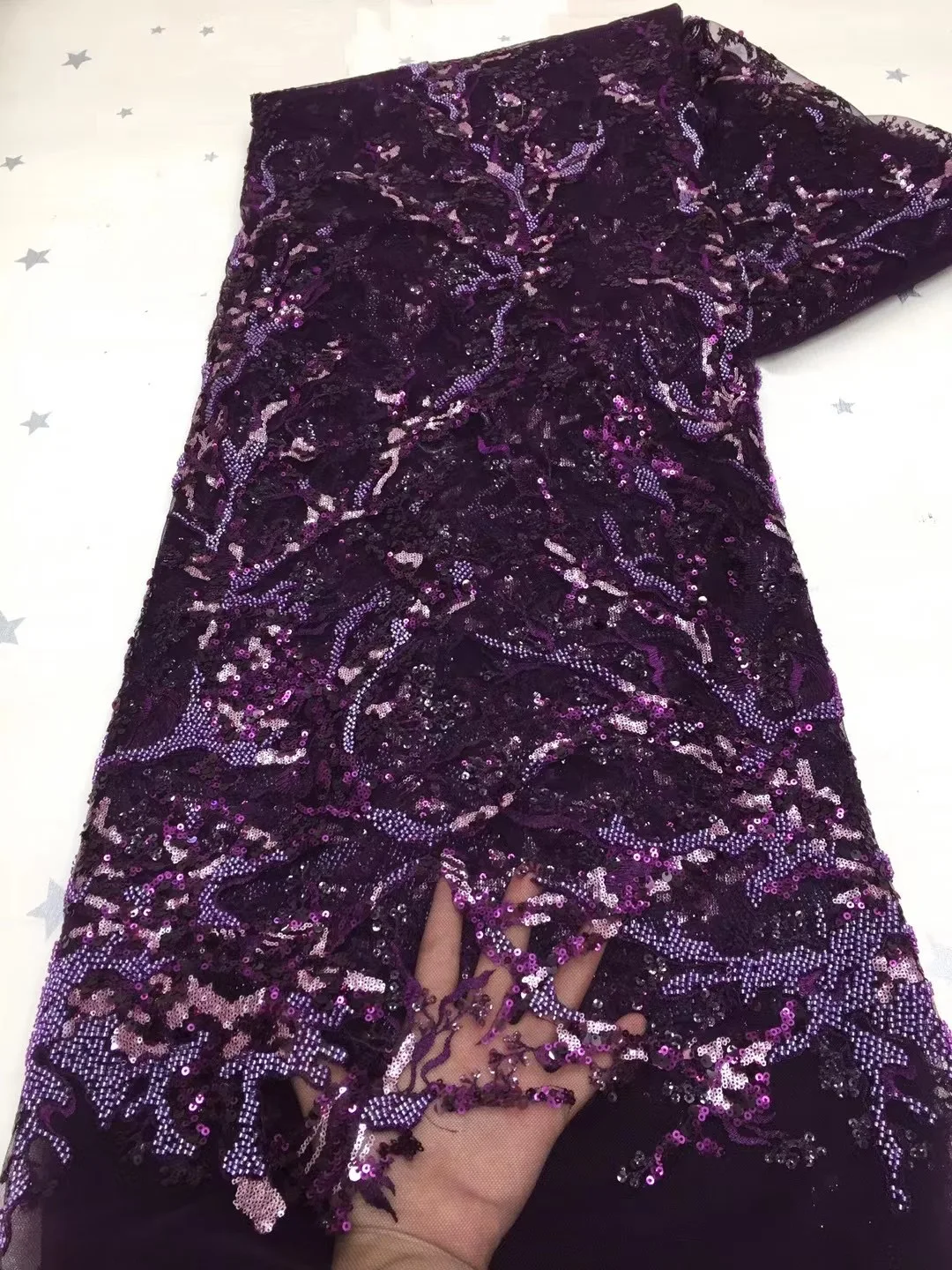 

(5yards/pc) High quality tube beads and sequins African tulle lace embroidered French net lace in deep purple for party FZX071