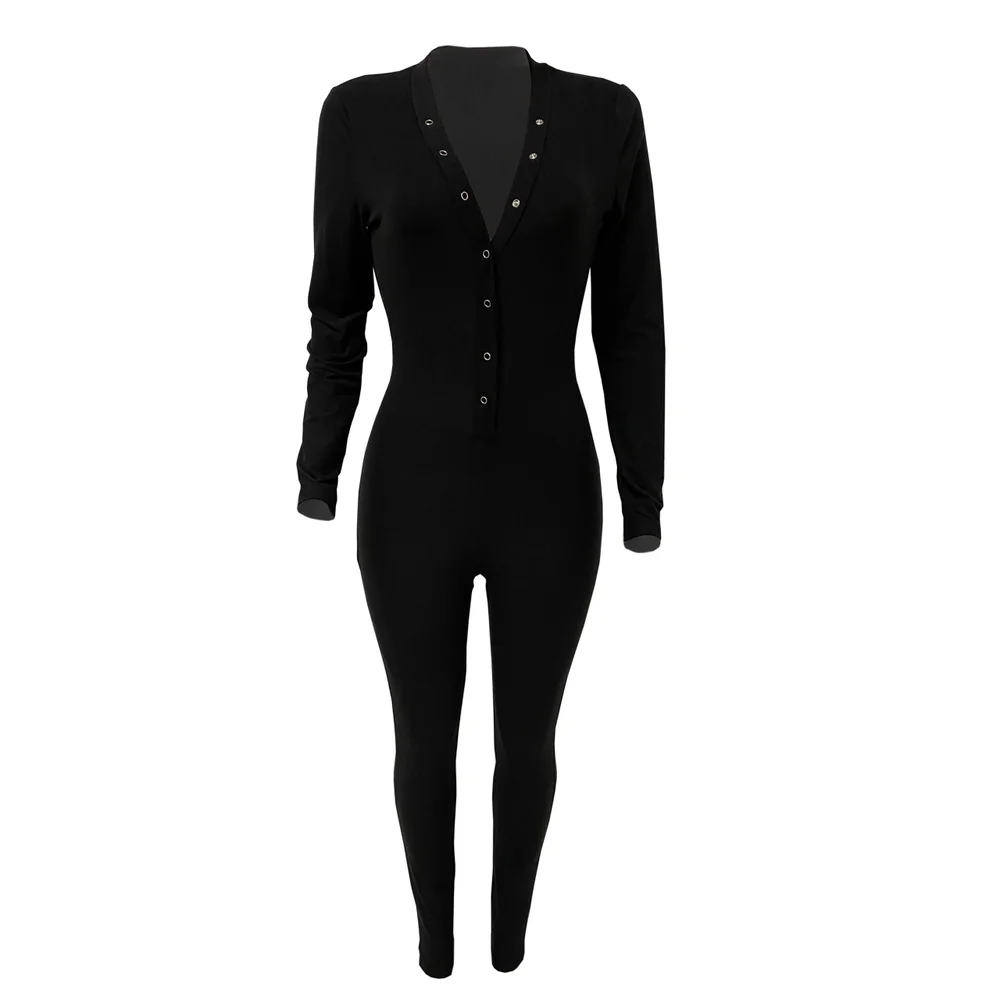 

HEY BABY Letter Embroidery Sexy Skinny Overall Fashion Deep V Neck Full Sleeve Slim Jumpsuit Streetwear Button Up Party Rompers