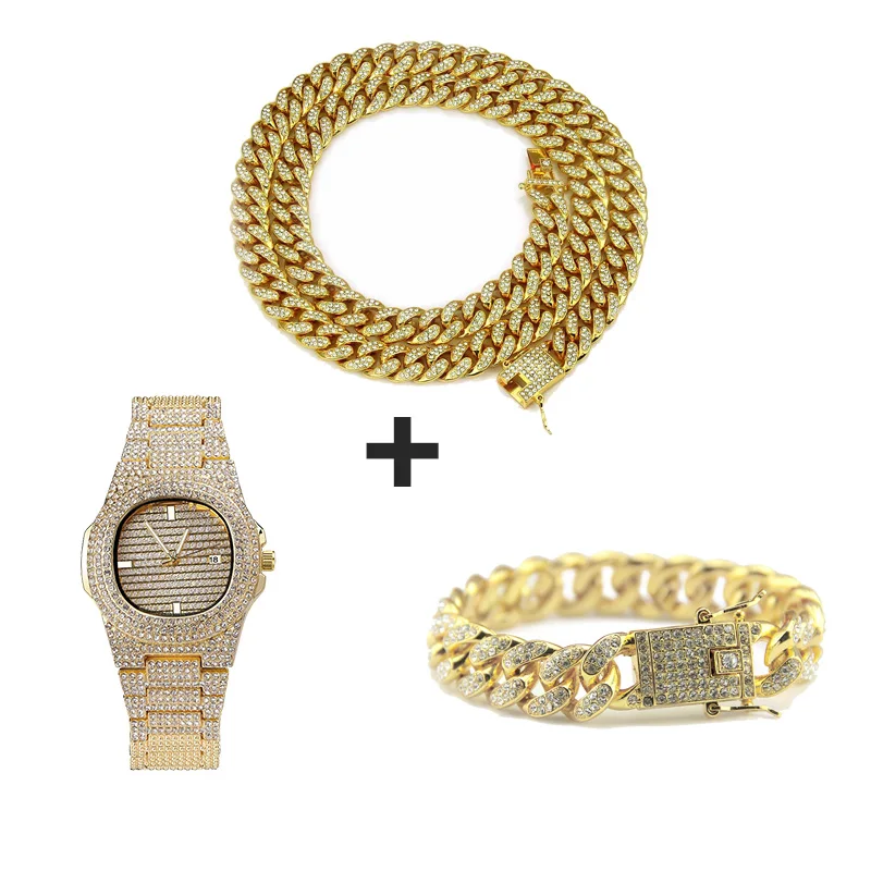 Ожерелье + часы браслет стразы выложенное золотым покрытием панцирная цепь