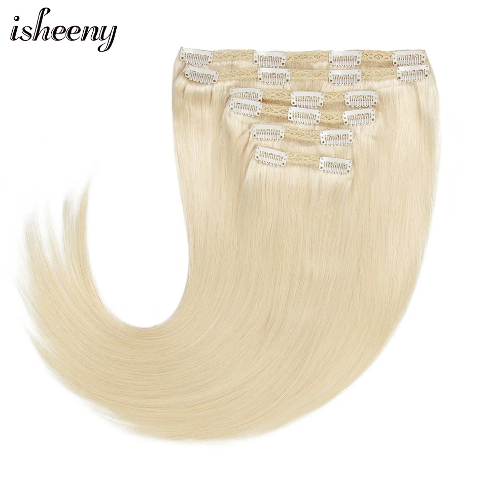 

Isheeny 160g-240g Clip In Human Hair Extensions 16" 20" 24" Brazilian Remy 6pcs set Clip Hair Platinum Blonde Fashion Full Head