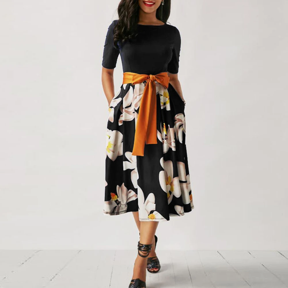 

Summer Vintage Dress Women Casual Plue Size O Neck Floral Print Lace Up Short Sleeve Sexy Dresses Elegant Beach Dresses Vestidos