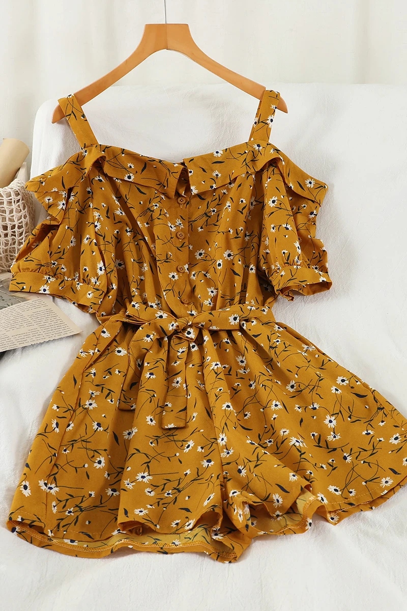 

Retro Floral Jumpsuit, High Waist, Thin, Straight, Wide-leg, Casual Pants, Chiffon Sling, One-way Neck Jumpsuit