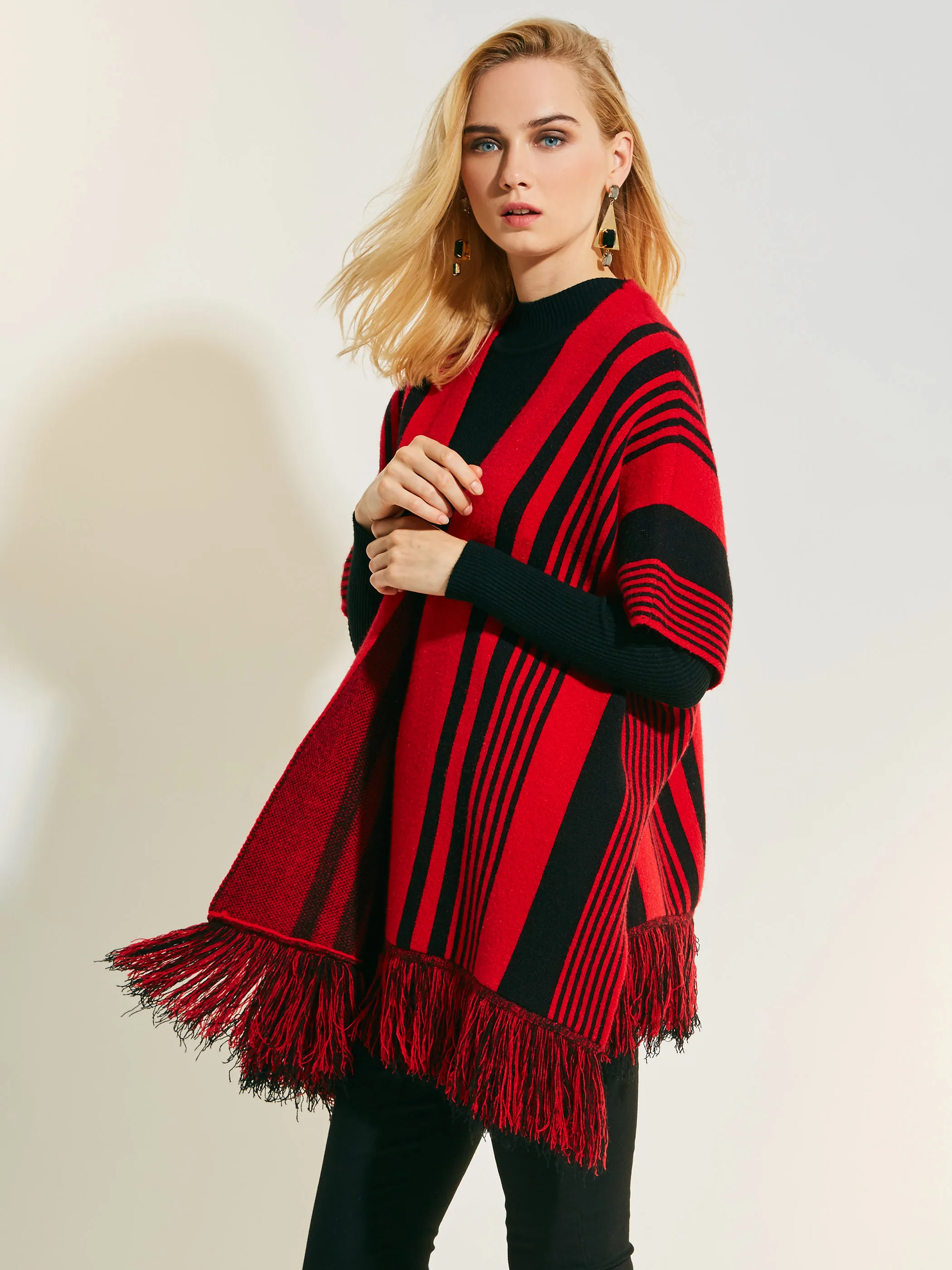Women Cashmere Cape Red Stripe Color Block Knitted Tassel Shawl 2020 Knit Poncho Fashion Female Casual Boho Capes |
