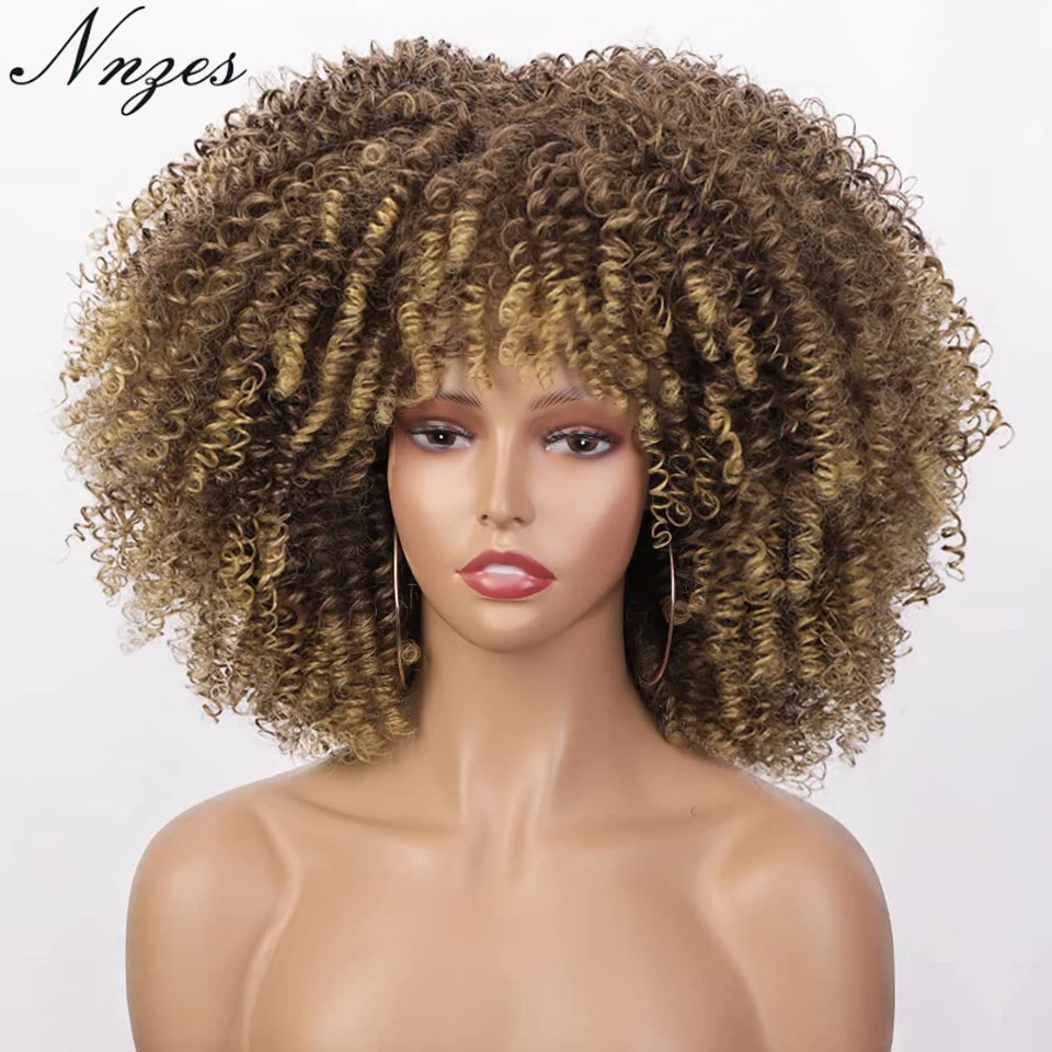 

NNZES Kinky Curly Synthetic Wig Short Ombre Blonde Daily Wigs Natural Curly Heat Resistant Fiber Afro Hair Wigs for Black Women