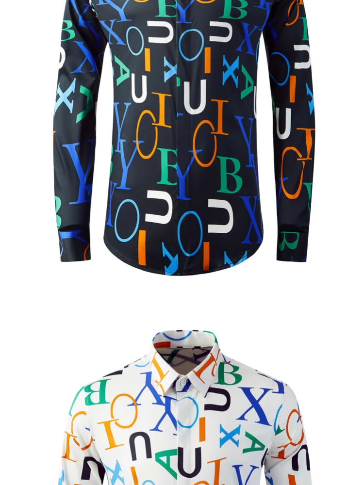 

Trendy Brand Full Print Color Letters Slim 80% Cotton Men shirt long sleeve collar Casual chemise homme Brand Male Dress Shirts