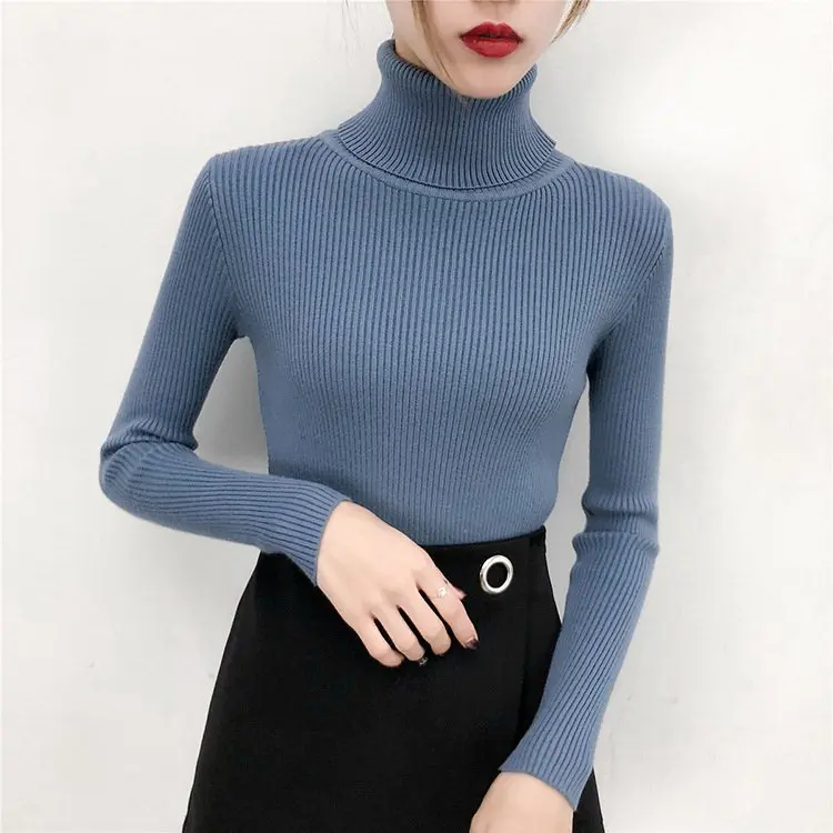 Blue turtleneck Зимняя футболка, вязаный пуловер с высоким воротником, Женские базовые рубашки с высоким воротником, простой свитер с длинным рукавом, футболки, женские тонкие футболки, топы - Цвет: Blue turtleneck