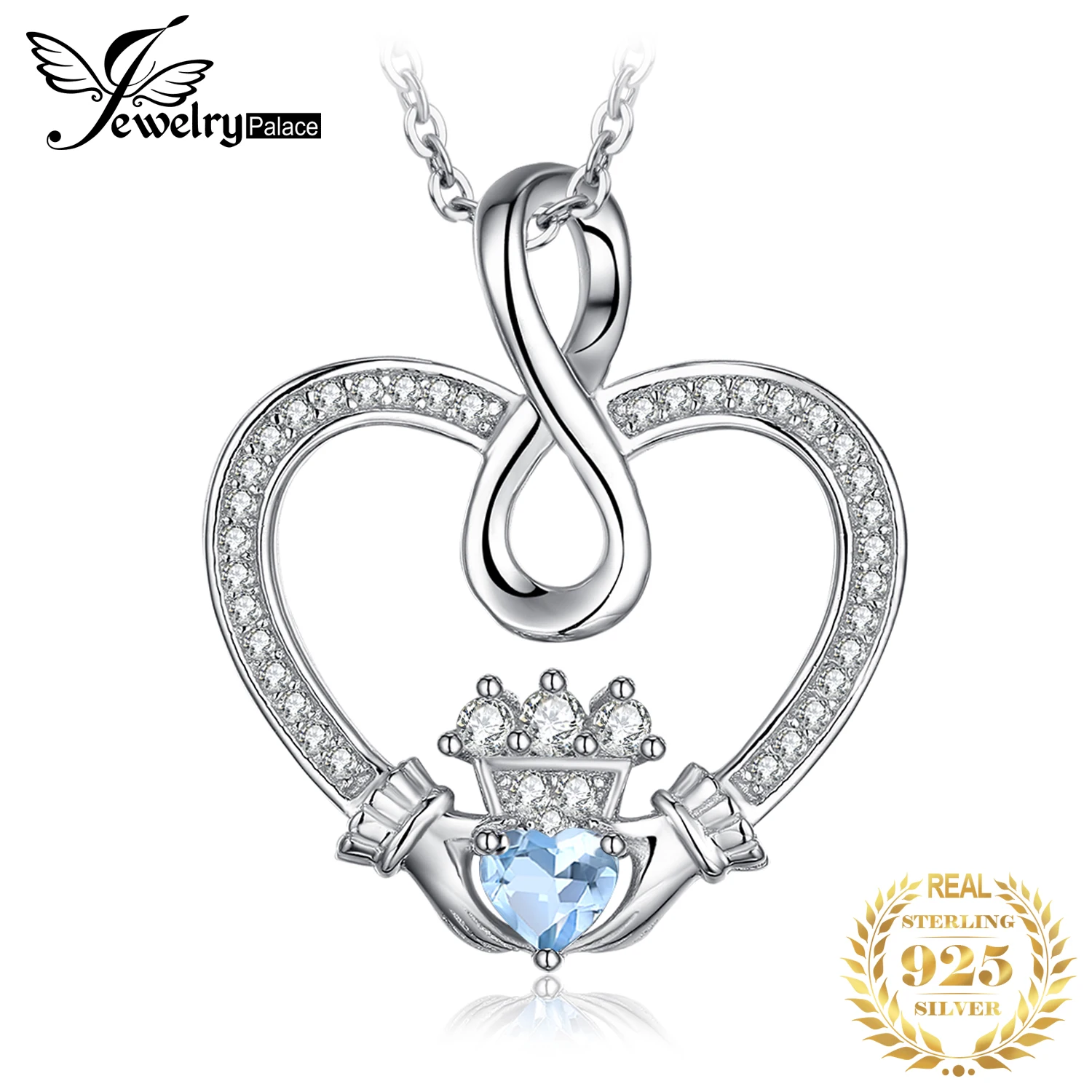 Бесконечность Claddagh сердце Природный Голубой топаз кулон ожерелье 925 драгоценные