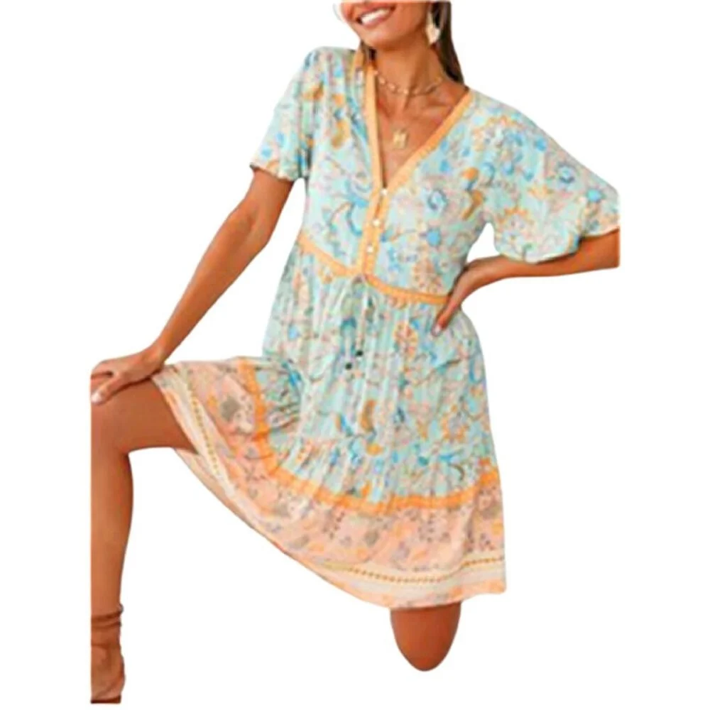 

Women Short Sundress Floral V-Neck Short Ruffle Sleeve Casual Loose Mini Dress