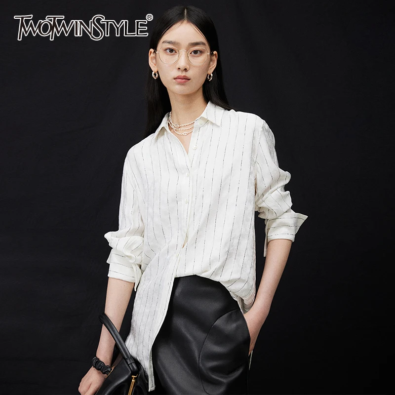 

TWOTWINSTYLE White Casual Slim Striped Shirt Female Lapel Long Sleeve Korean Fashion Blouse For Women Autumn 2021 Clothing Style