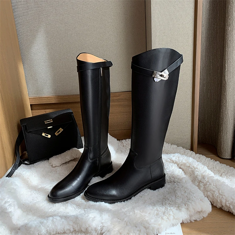 

Meotina Women Real Leather Knee High Boots Platform Thick High Heel Western Boots Buckle Round Toe Zipper Lady Boots Autumn Gray