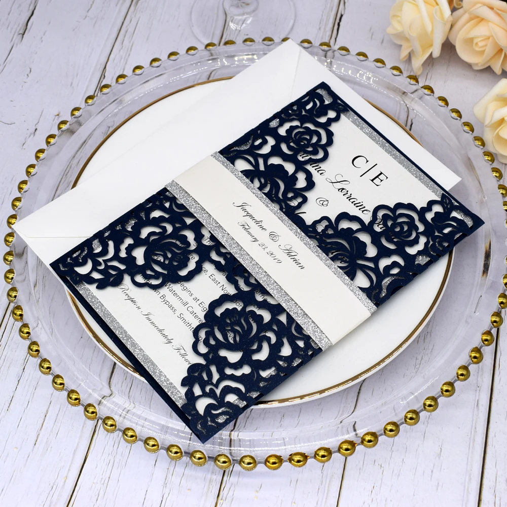 Приглашения на свадьбу с блестками темно синего и серебристого цветов 50