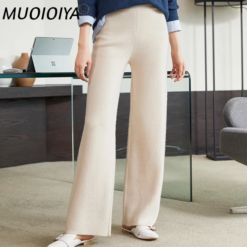 

Women 100% Wool Pants 2022 New Autumn Winter Soft Waxy Comfortable High-Waist Knitted Female Thicken Wide Leg Pants