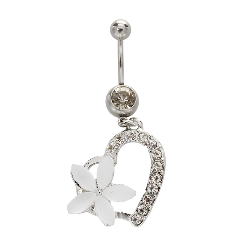 

Пирсинг тела, пупок кольцо для пупка штангой Бар Стразы в форме сердца с белыми цветами из алюминиевого сплава
