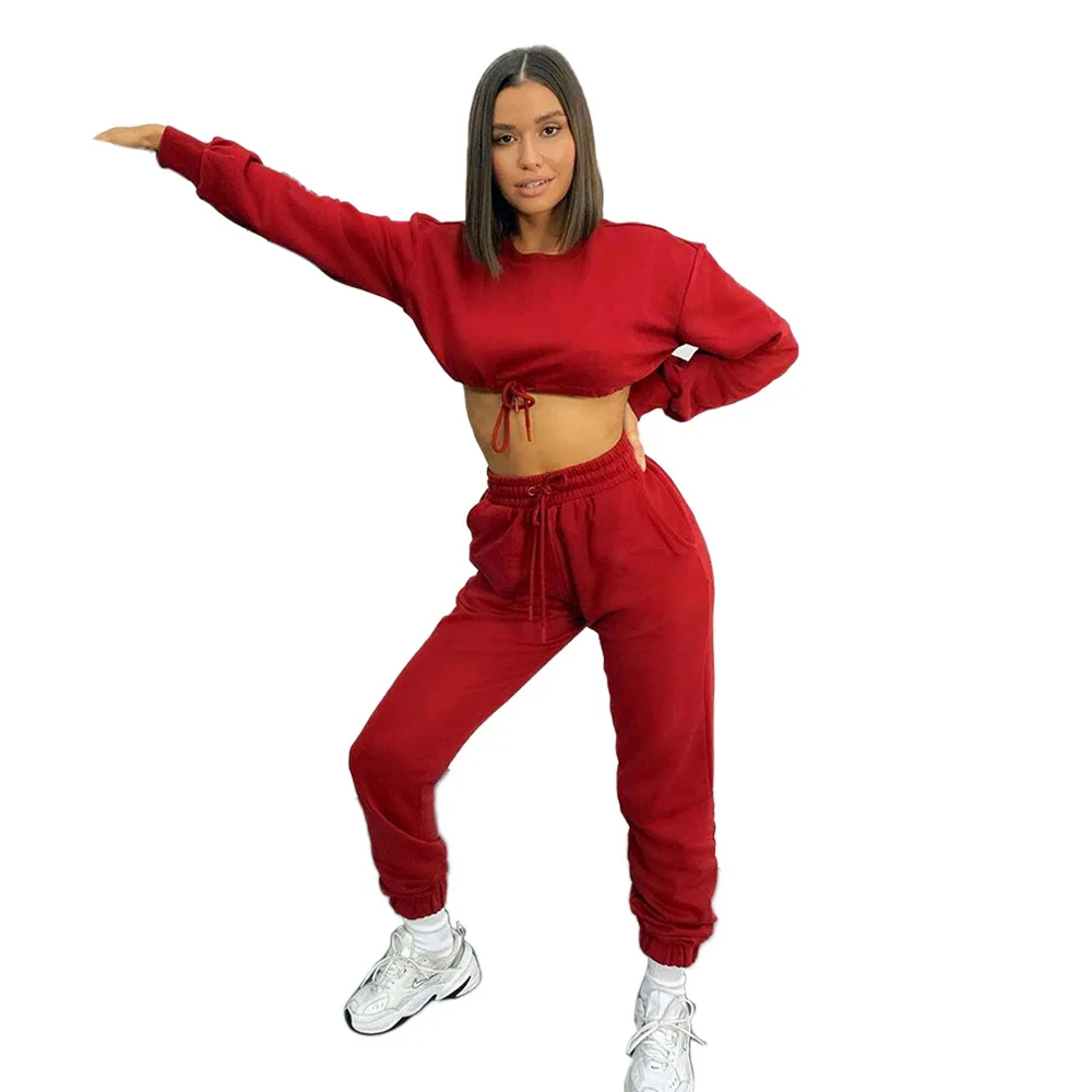 

Casual Sports Long Sleeve Women Sets Autumn Solid O-Neck Drawstring Crop Tops High Waist Ankle Banded Pants Tracksuits Party