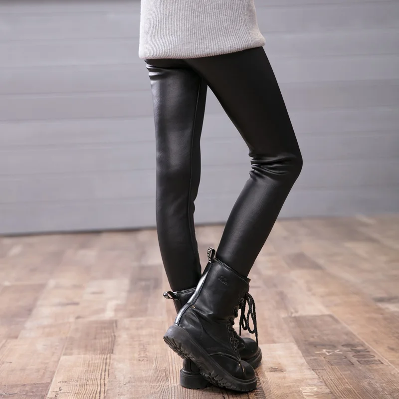 Теплые леггинсы из искусственной кожи для девочек Плотные штаны детей