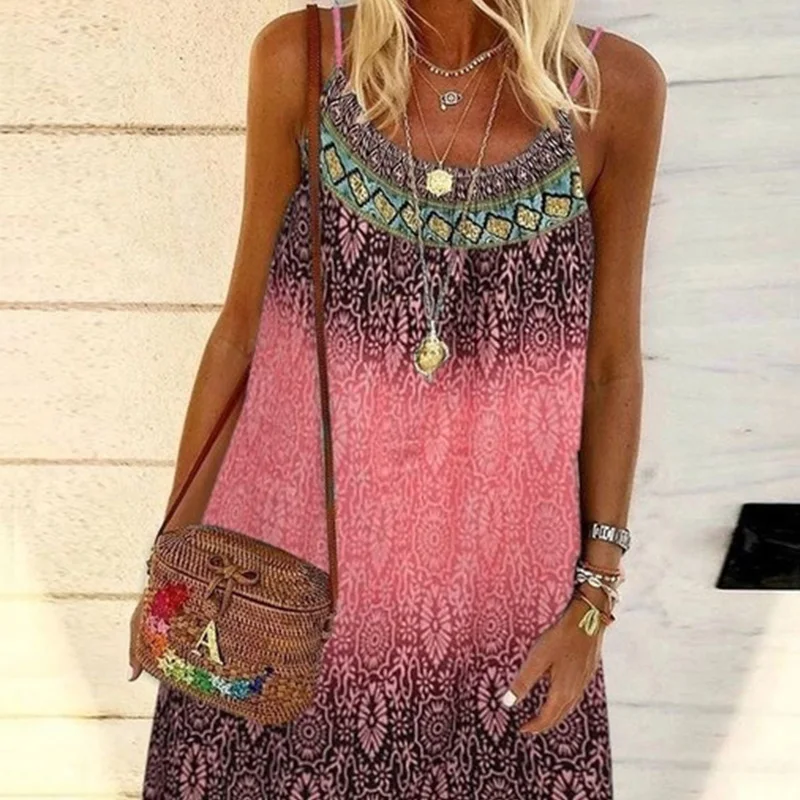 

2021 Summer Women Dress Printed Sling Ladies Bohemian Loose Chiffon Dresses A-Line Beach Dress Plus Size S-4XL Vestidos
