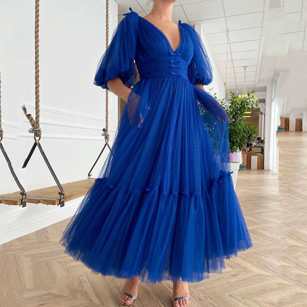 

Royal BLue Evening Dresses Tea Length 2021 Elegant Puffy Sleeves Plus Size Deep V-Neck Sexy Prom Gowns Party vestidos de fiesta