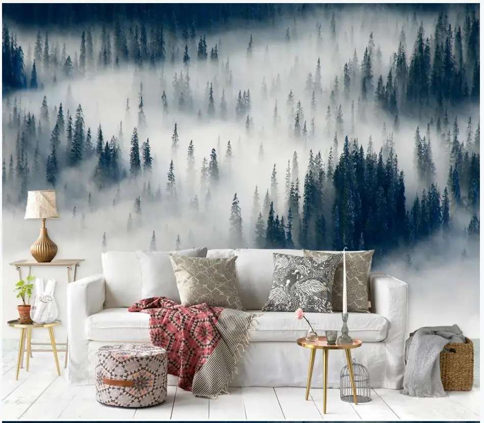 Custom photo wallpaper 3d murals Modern minimalist small fresh foggy forest landscape mural background wall painting | Обустройство