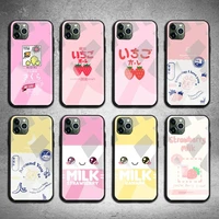 cute strawberry milk phone case tempered glass for iphone 12 11 pro max mini xr xs max 8 x 7 6s 6 plus se 2020 cover