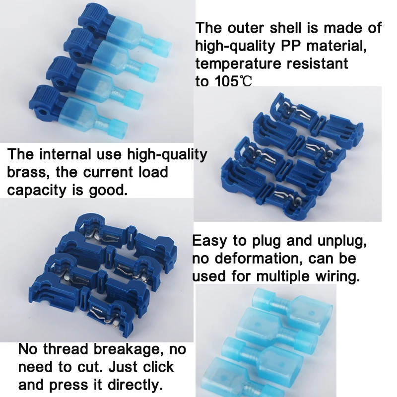 100Pcs(50set) T2 Blue T Tap Wire Connectors Self-Stripping Quick Splice Electrical Terminals Disconnect Spade Terminal |