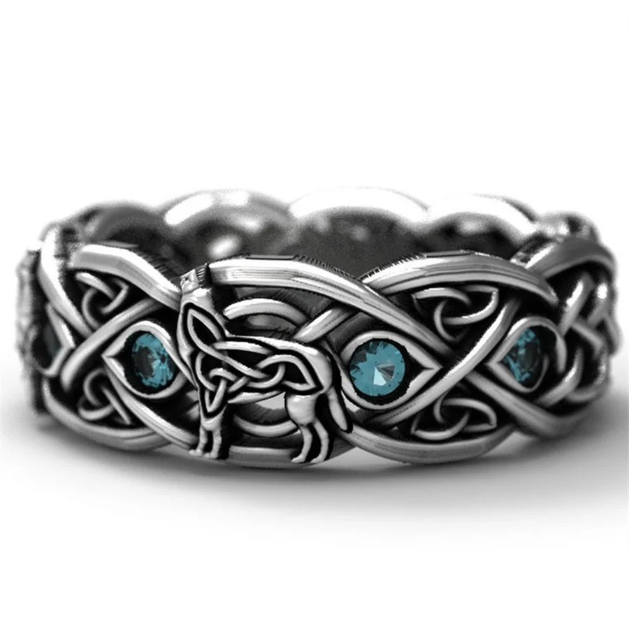 

Retro Celtic Wolf Totem Ring Sky Blue Stone Hip Hop Rock Men And Women Gift Punk Party Couple Ring Jewelry