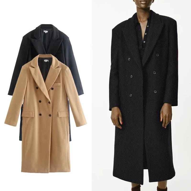 

Женское двубортное шерстяное пальто ZA, элегантная кашемировая Длинная зимняя утепленная куртка оверсайз, 2021