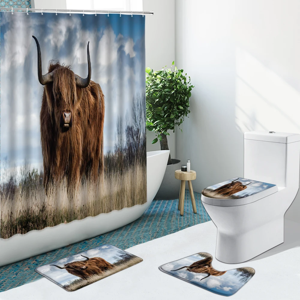 

Highland Cow 3D Print Animal Bathroom Set Shower Curtain Fabric Non-Slip Rugs Flannel Toilet Carpet Cover With Hooks Washable
